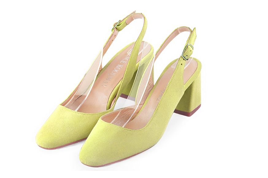Dress slingback heels in pistachio green leather with medium flare heels and round toe - Front view